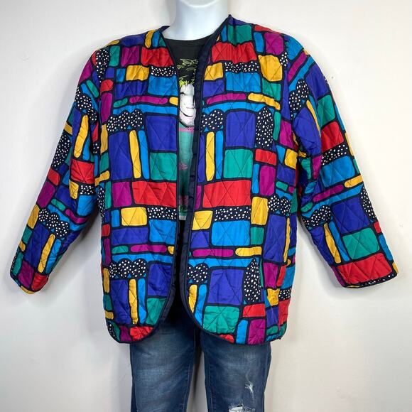 Vintage Rhoda Lynne Quilted Silk Open Jacket 90s Colorful Oversized Womens S - Picture 15 of 15